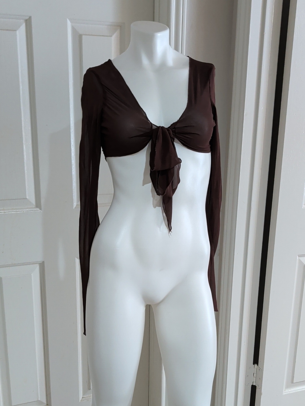 H&M Chocolate Brown Sheer Long-Sleeve Tie-Front Crop Top Women's XS